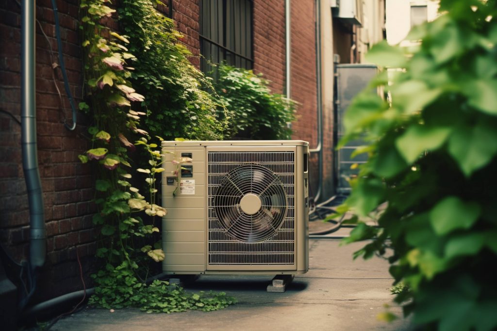 The outdoor AC unit compressor is installed outside the building.