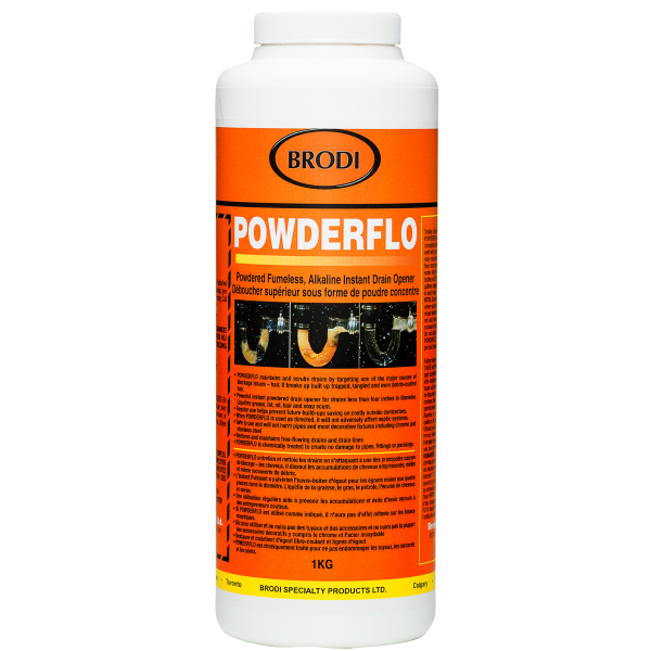 PowderFlo, Powdered fumeless, alkaline instant drain opener
