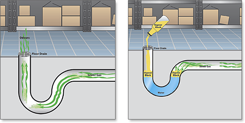 Prevents sewer gas smells emanating from floor drains by sealing in the water located in P-traps. 